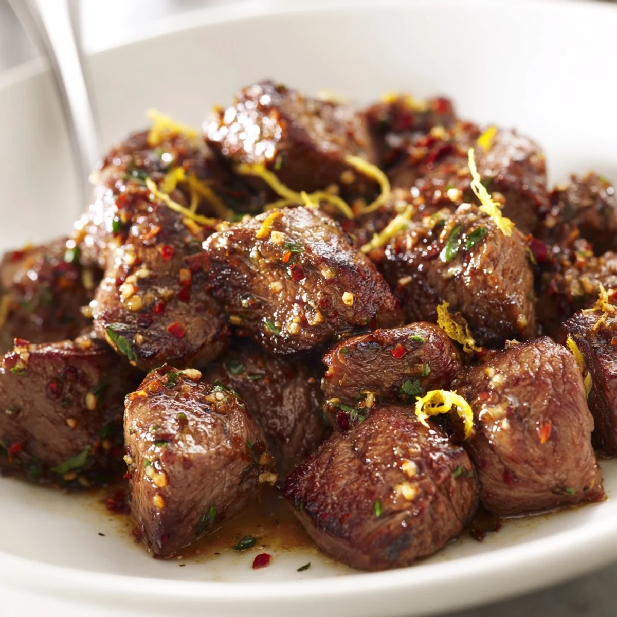 Juicy, tender Cowboy Butter Steak Bites atop roasted potatoes, perfect for casual gatherings