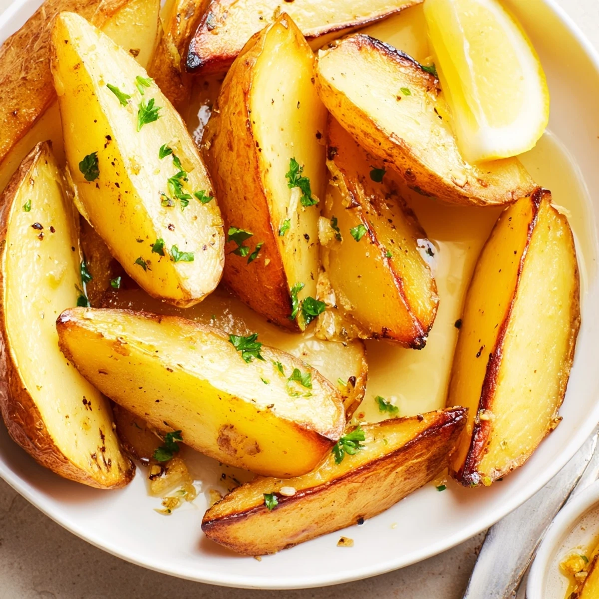 Golden, crisp wedges from an Authentic Greek Lemon Potatoes Recipe, fragrant with oregano
