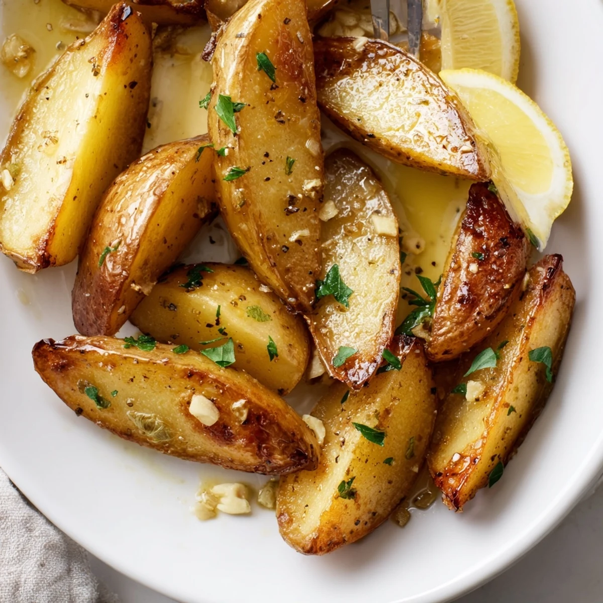 Oven-roasted Authentic Greek Lemon Potatoes Recipe, tender inside, parsley-garnished and steaming