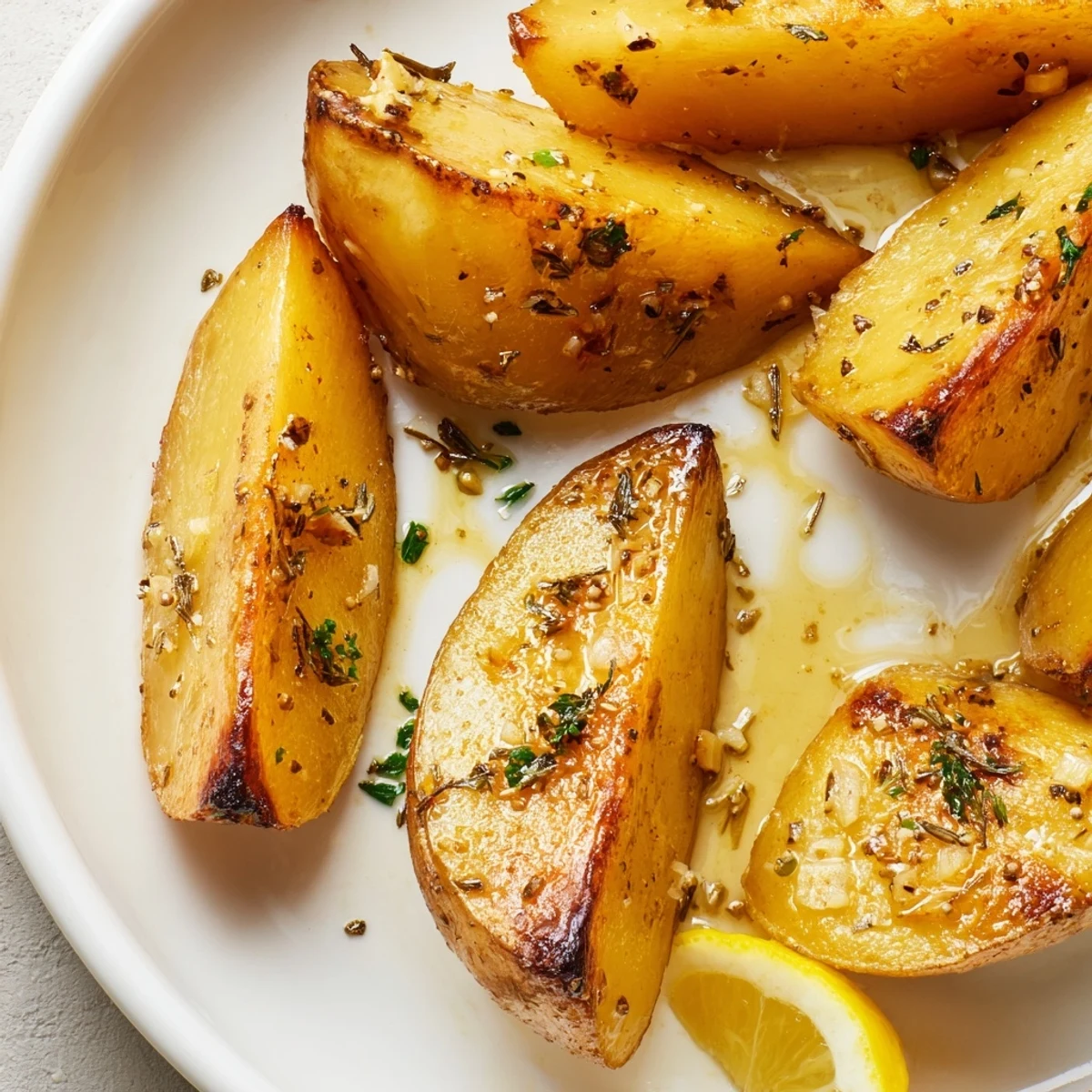 Authentic Greek Lemon Potatoes Recipe shown glistening in pan juices, bright lemon aroma