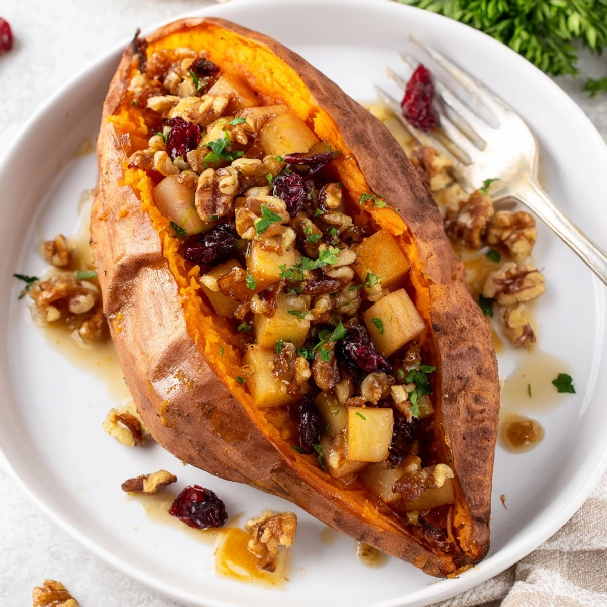 Roasted Stuffed Sweet Potatoes With Apples, cinnamon aroma, walnuts and maple glaze