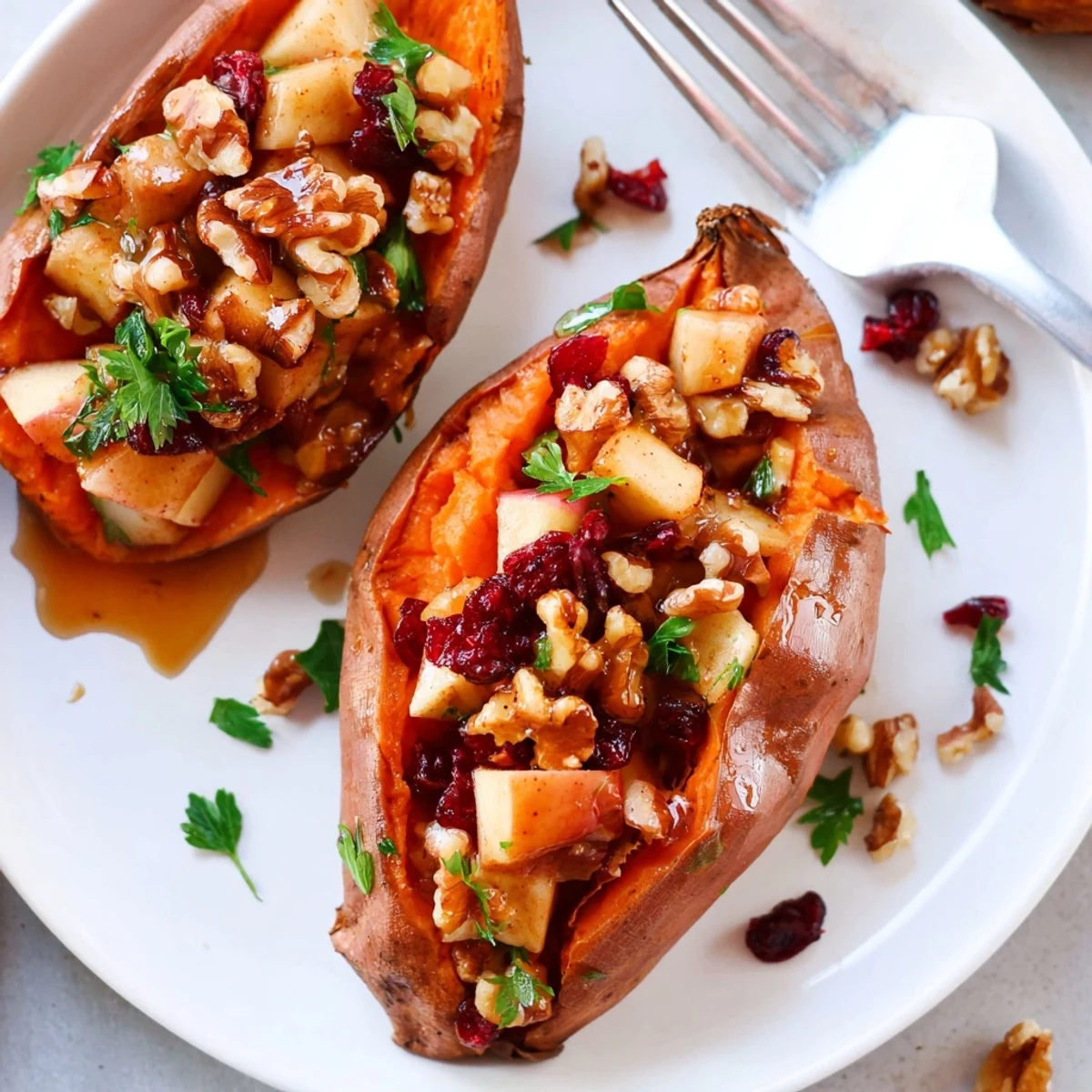 Baked Stuffed Sweet Potatoes With Apples split open, fluffy insides, maple drizzle