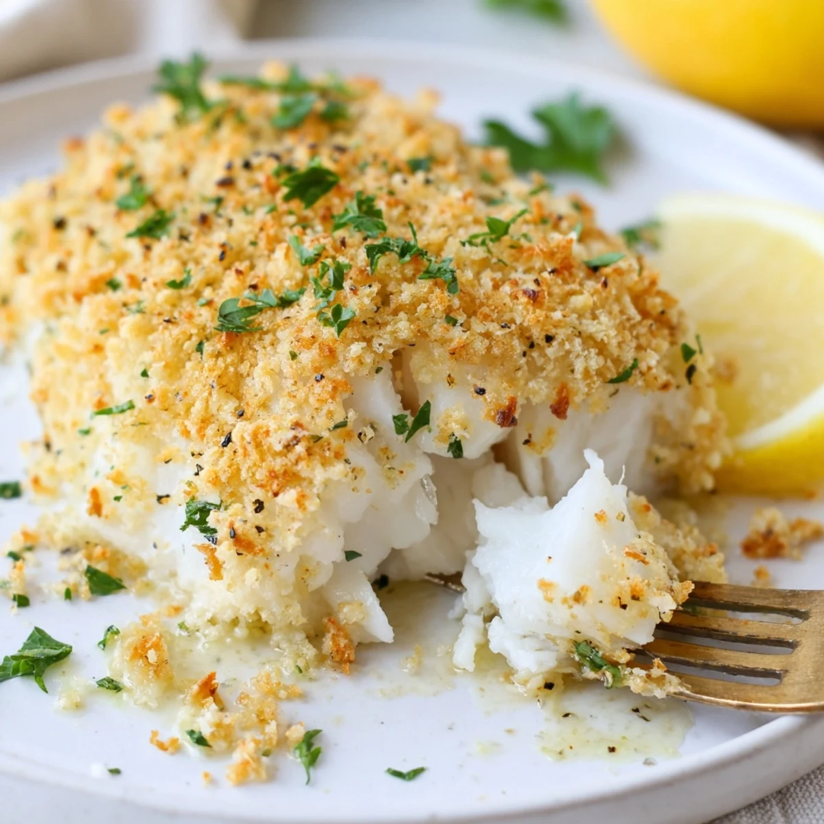 Golden breadcrumb topped Boston Baked Cod in buttered baking dish with lemon