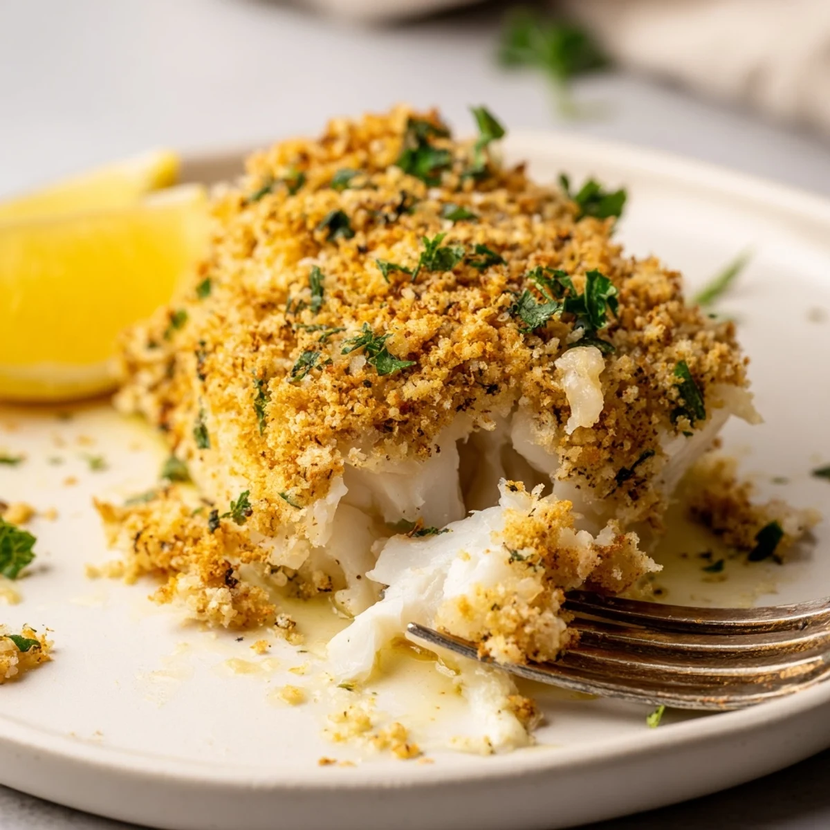 Crispy breadcrumb crust on Boston Baked Cod, quick weeknight main with potatoes