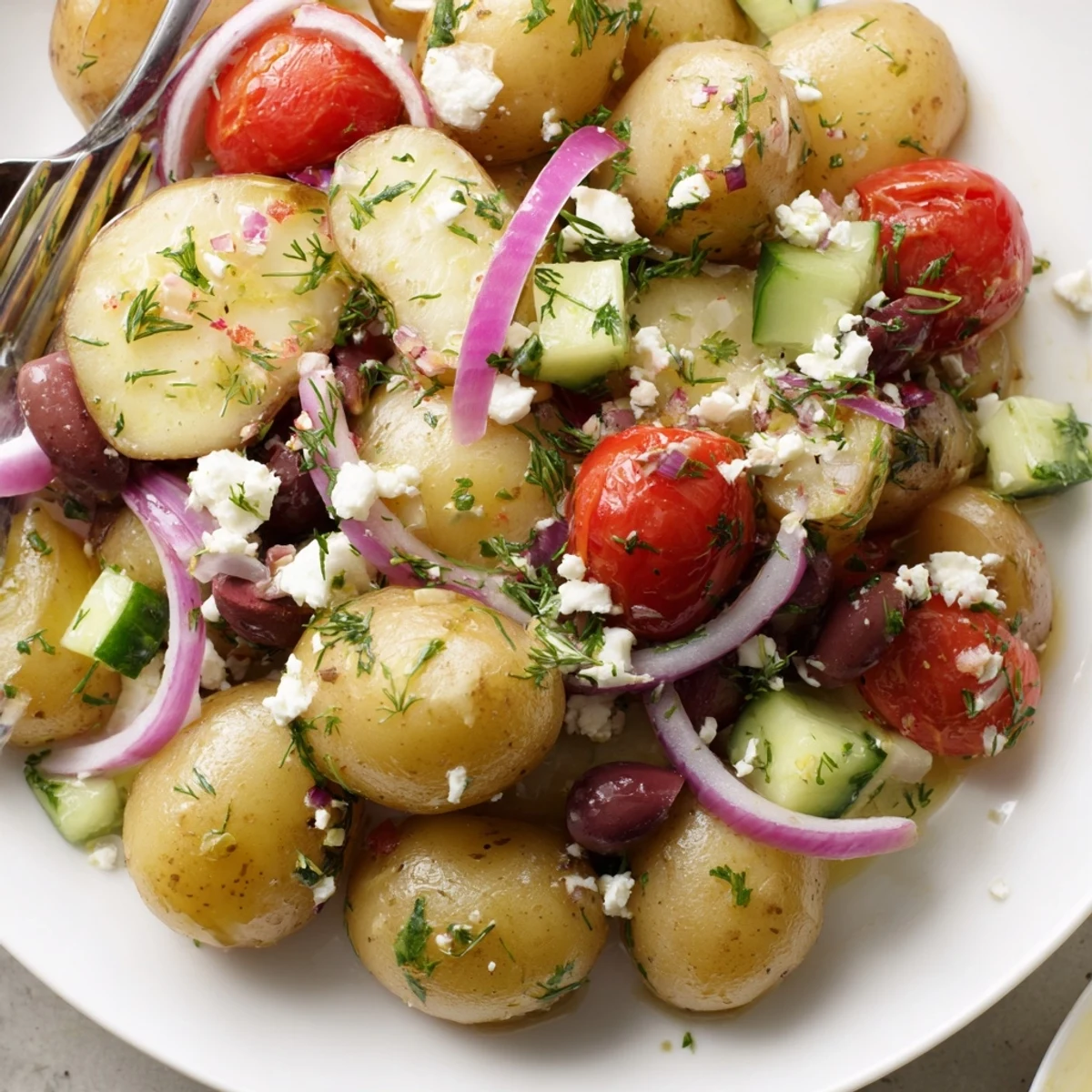 Olive Greek Potato Salad piled in bowl, creamy potatoes, briny olives, lemony dressing.