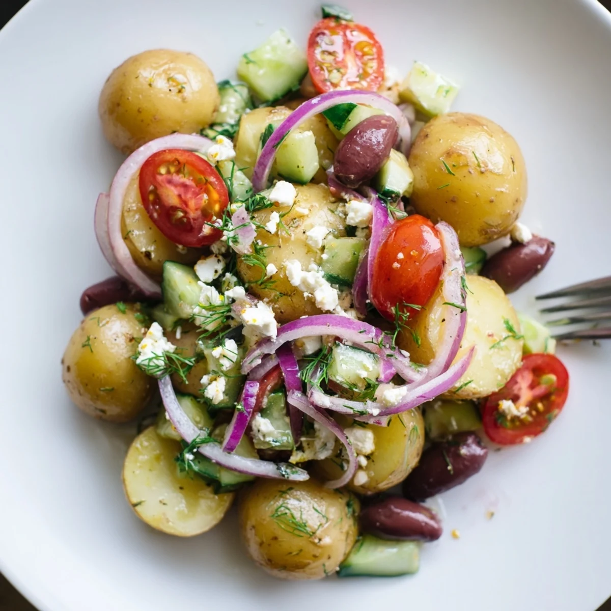 Chilled Olive Greek Potato Salad served at picnic, fork-ready, fresh parsley aroma.