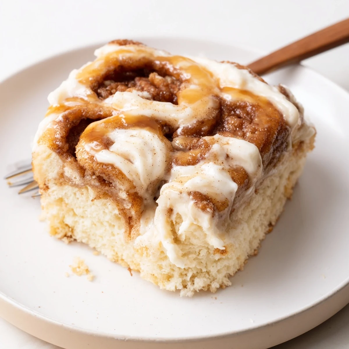 Cinnamon Roll Poke Cake with gooey cinnamon pockets and cream cheese frosting