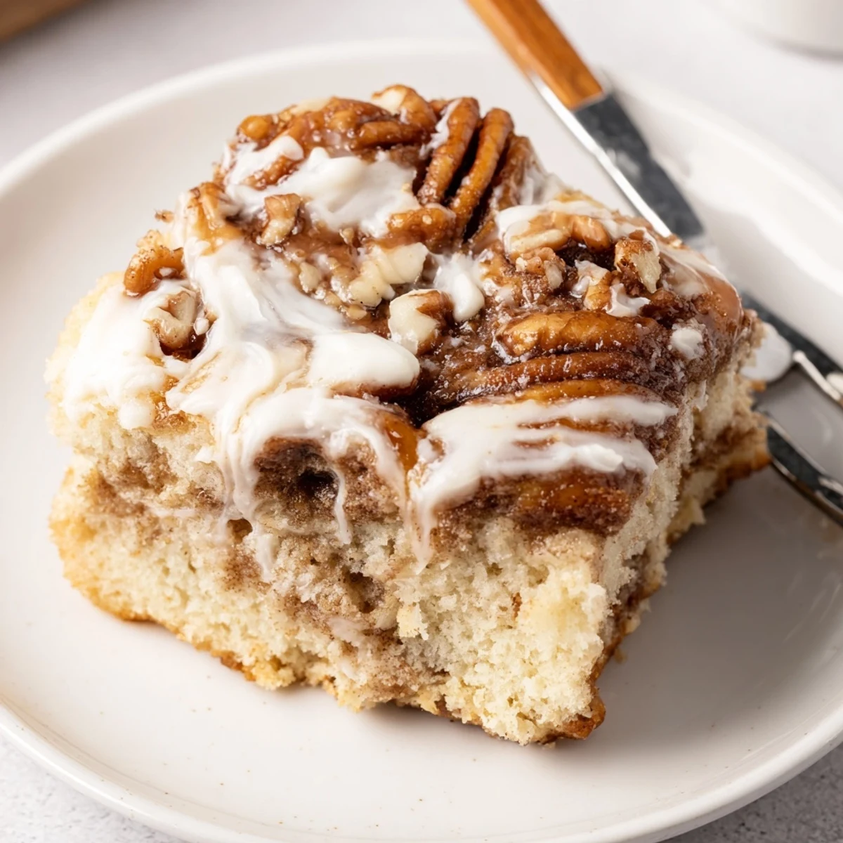 Warm Cinnamon Roll Poke Cake sliced on plate, buttery swirls steaming