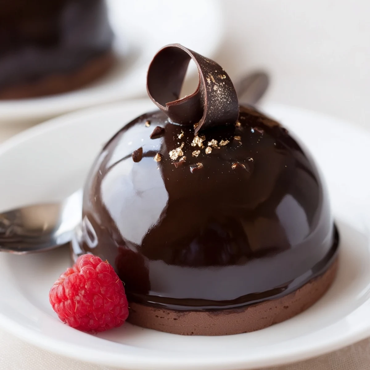 Elegant Chocolate Mascarpone Dome Dessert With Glossy Shells shimmering, served with fresh berries