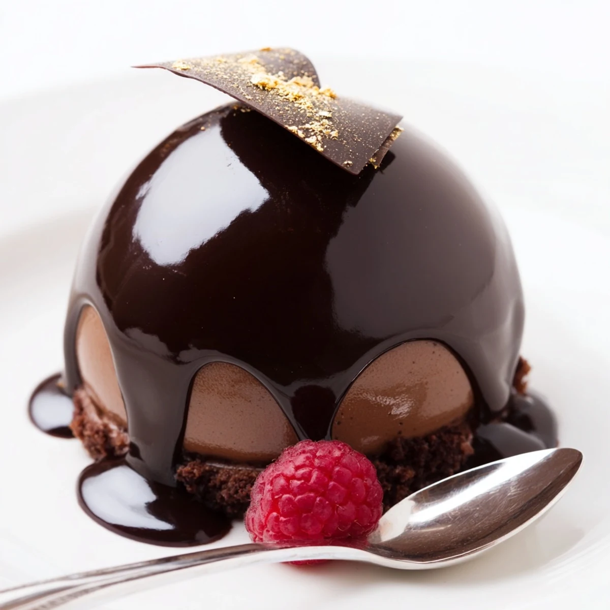 Elegant Chocolate Mascarpone Dome Dessert With Glossy Shells on plate, velvety mousse revealed