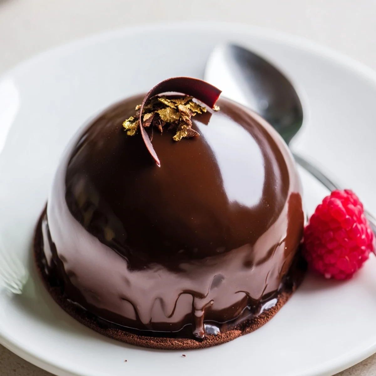 Elegant Chocolate Mascarpone Dome Dessert With Glossy Shells paired with espresso, gold leaf garnish