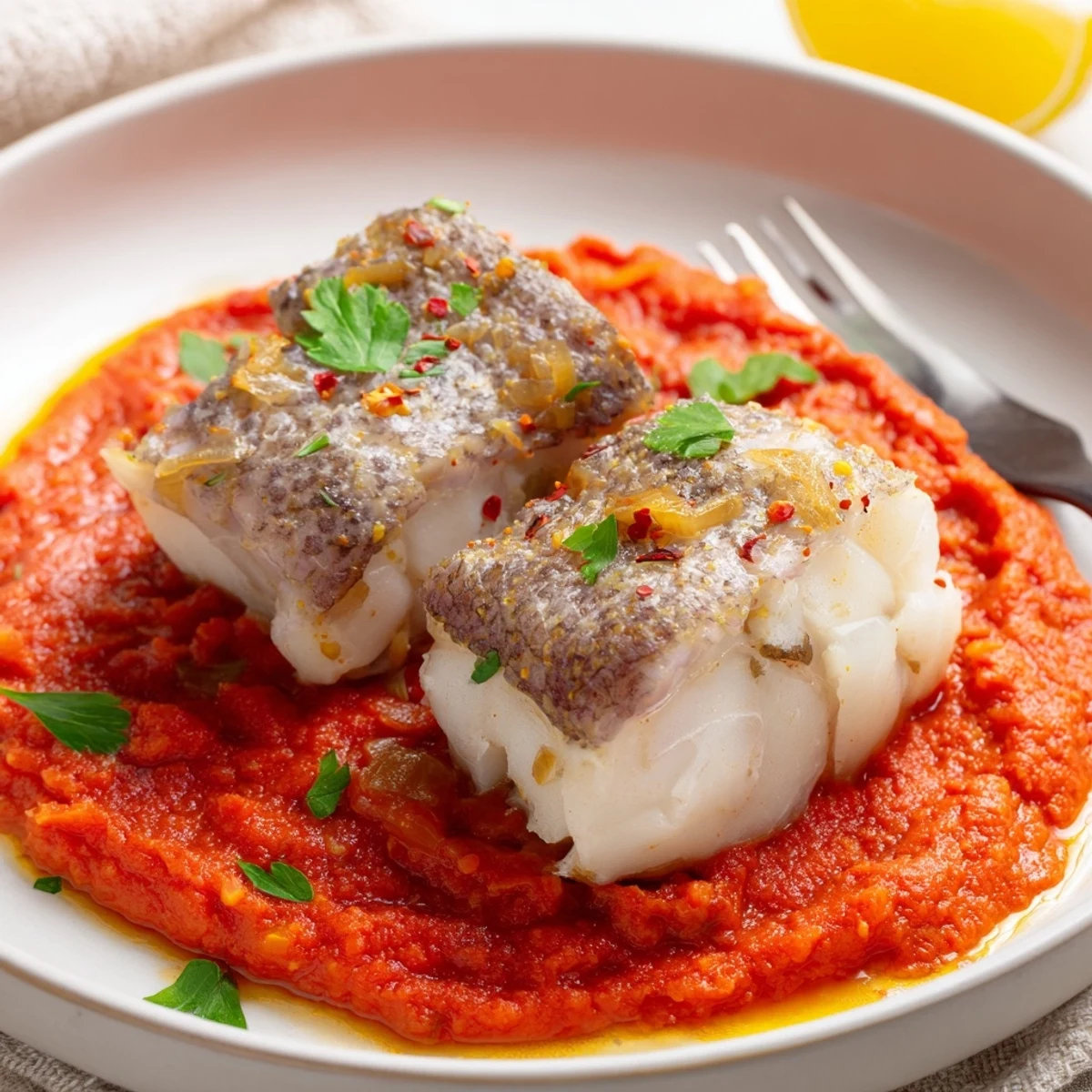 Tender Cod In Roasted Red Pepper Sauce nestled over couscous, sauce soaking into grains