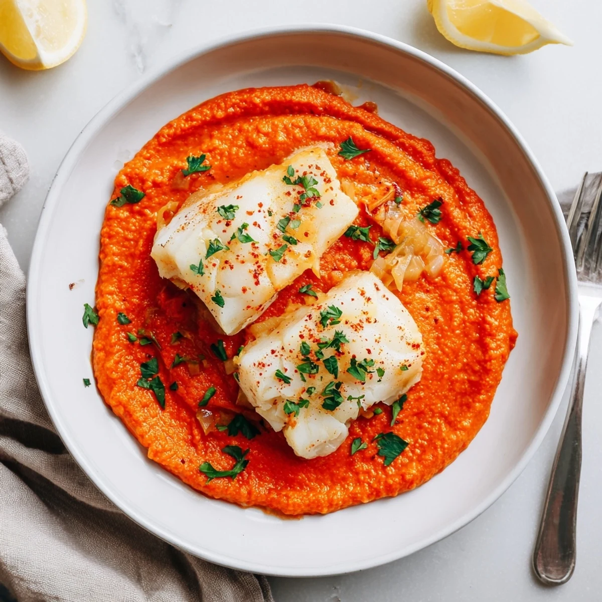 Bright Cod In Roasted Red Pepper Sauce simmered with garlic and lemon