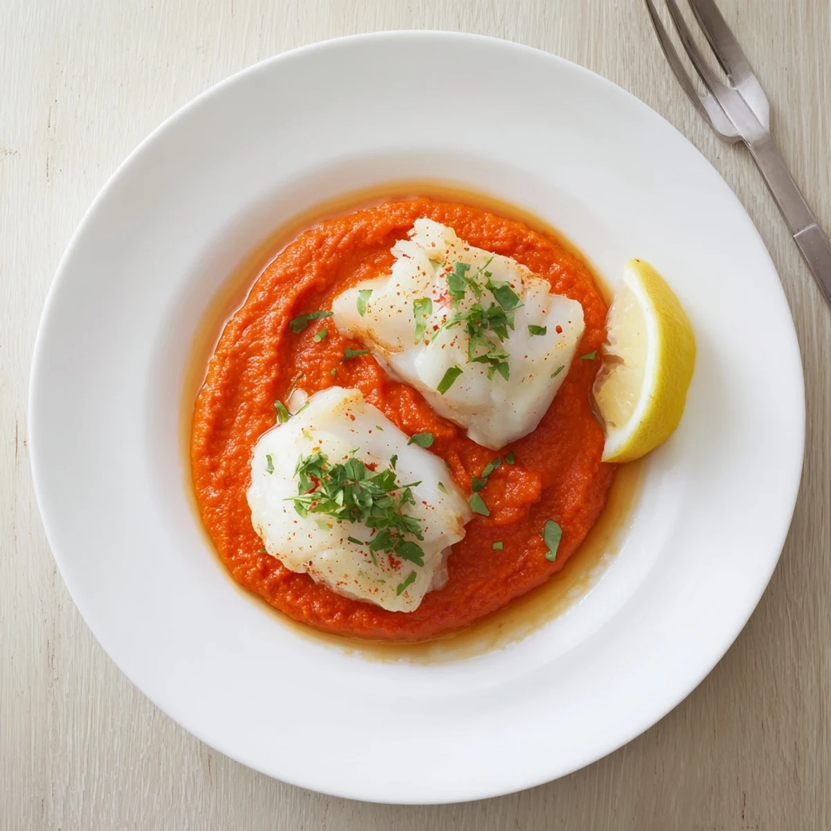 Plate of fork-flaky Cod In Roasted Red Pepper Sauce, lemon-wedge garnish