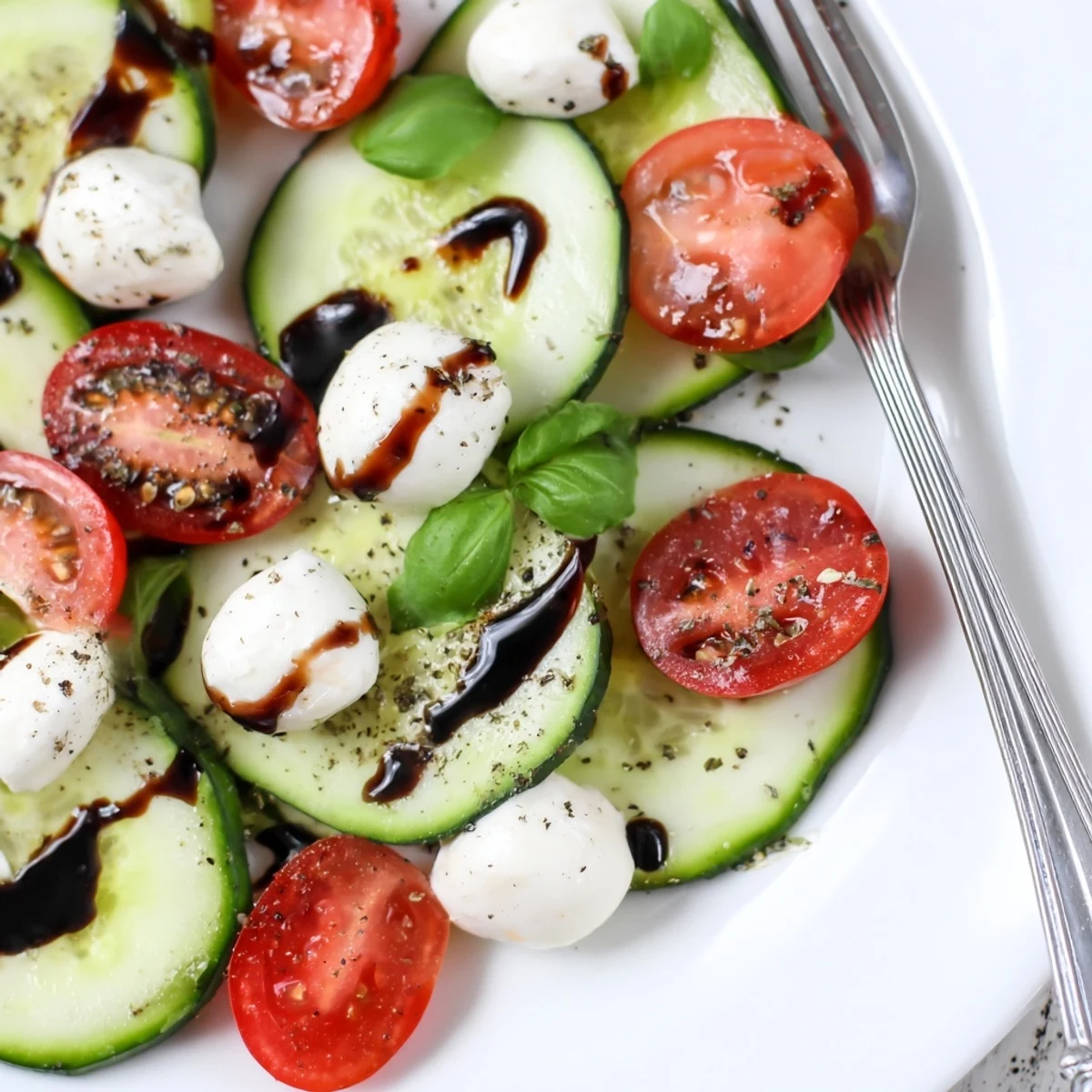 Juicy Cucumber Caprese Salad with crisp cucumbers, creamy mozzarella, fragrant basil.