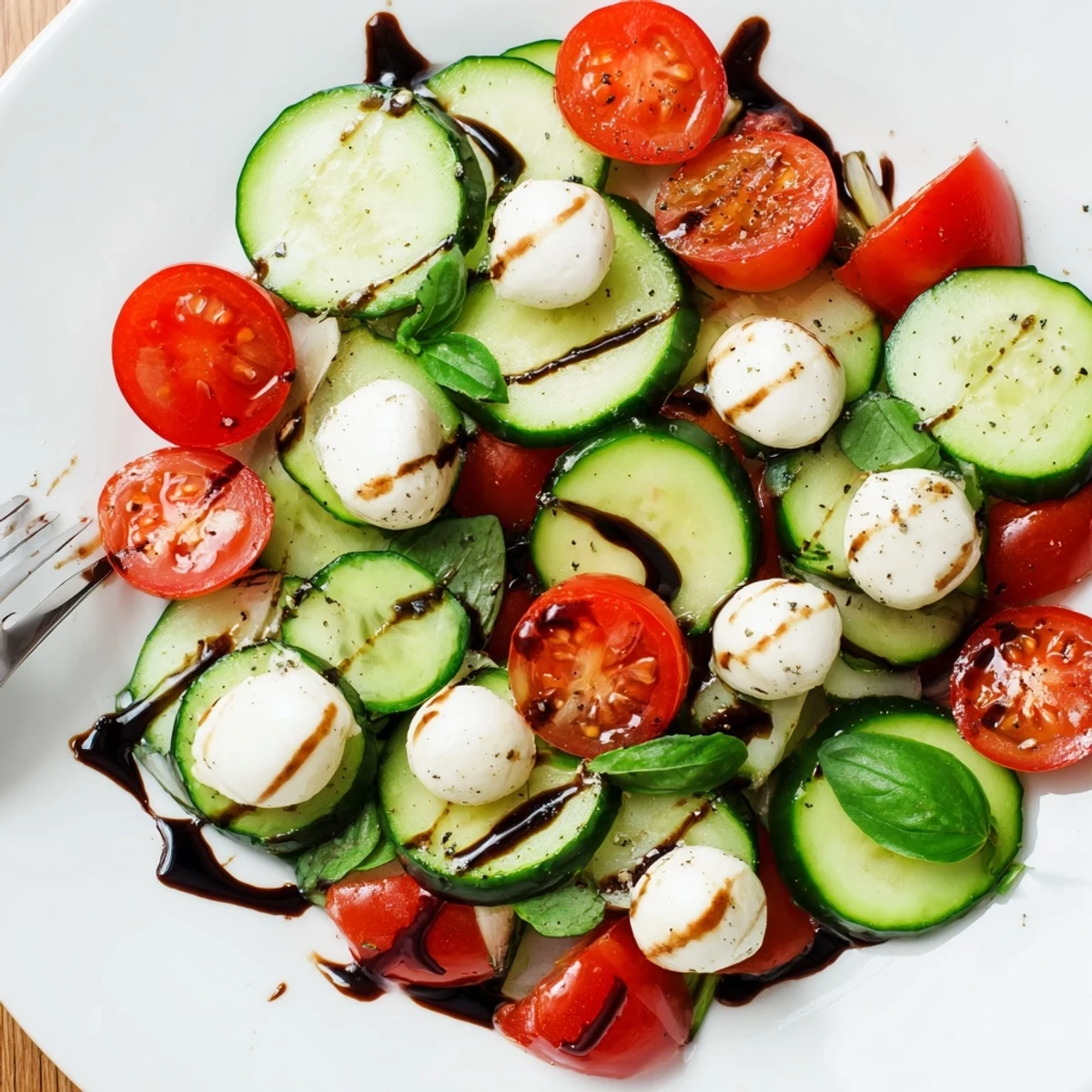 Bowl of Juicy Cucumber Caprese Salad topped with glossy balsamic glaze, chilled.