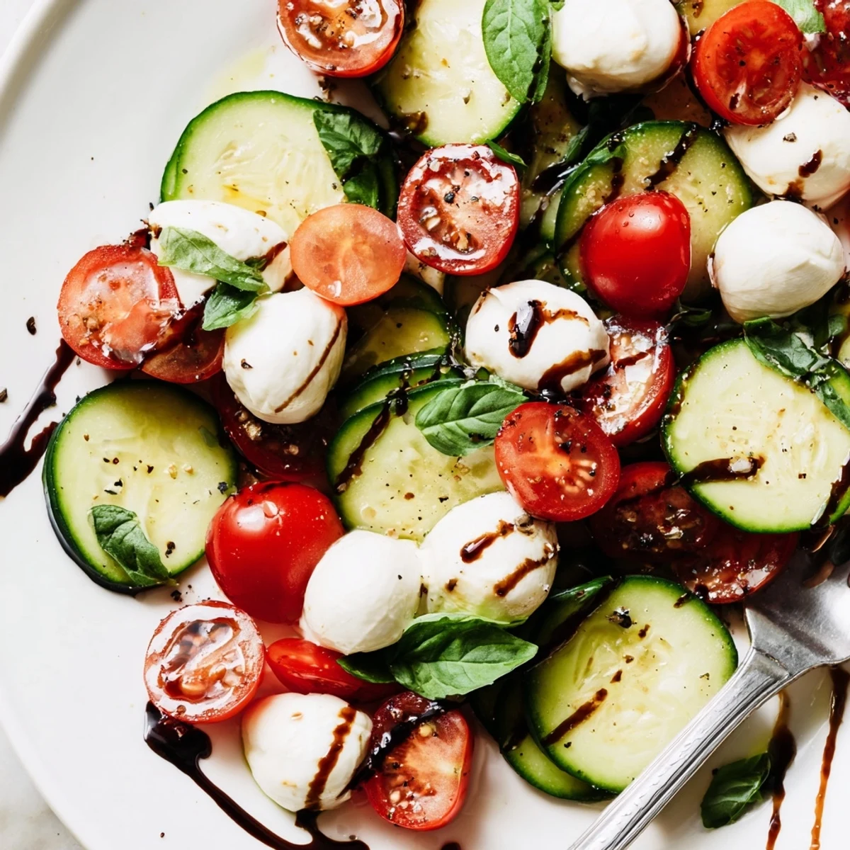 Juicy Cucumber Caprese Salad piled with vibrant tomatoes and torn basil.
