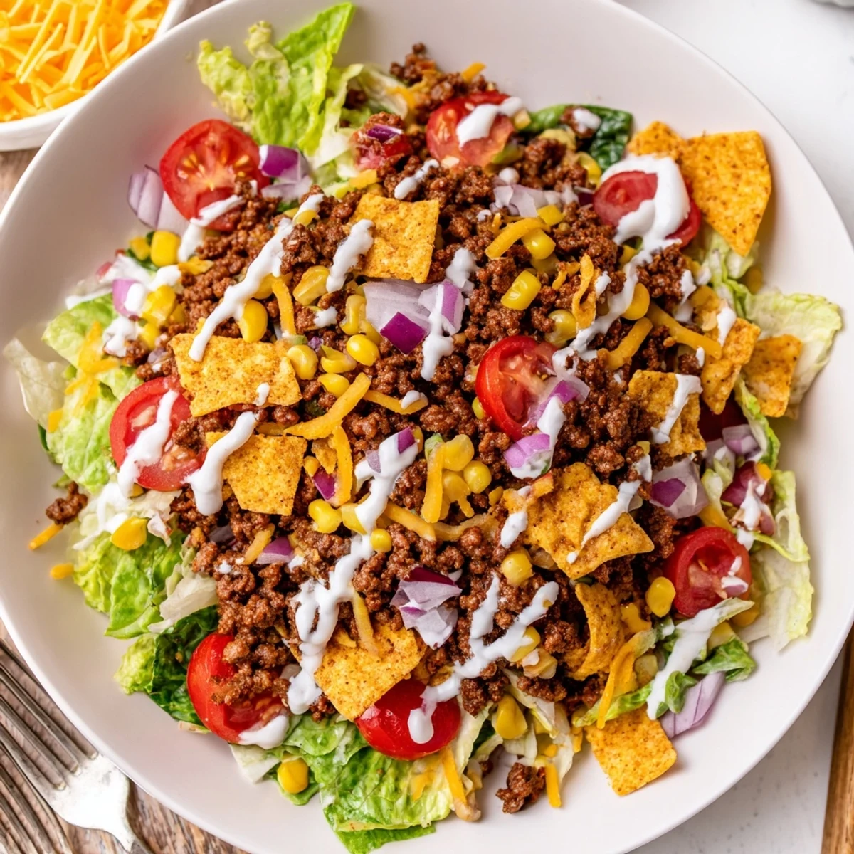 Simple Doritos Taco Salad piled high with crispy chips, warm spiced beef.