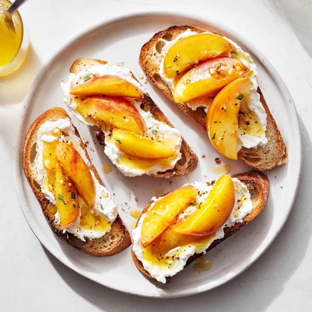 Peach Bruschetta With Whipped Ricotta on toasted baguette, honey-drizzled, basil garnish.