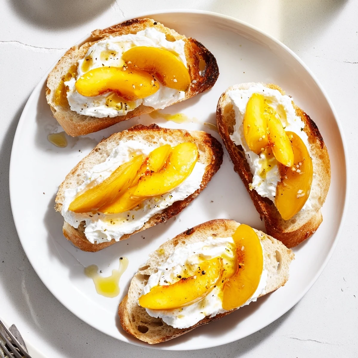 Sliced juicy peaches and lemon zest crown Peach Bruschetta With Whipped Ricotta.