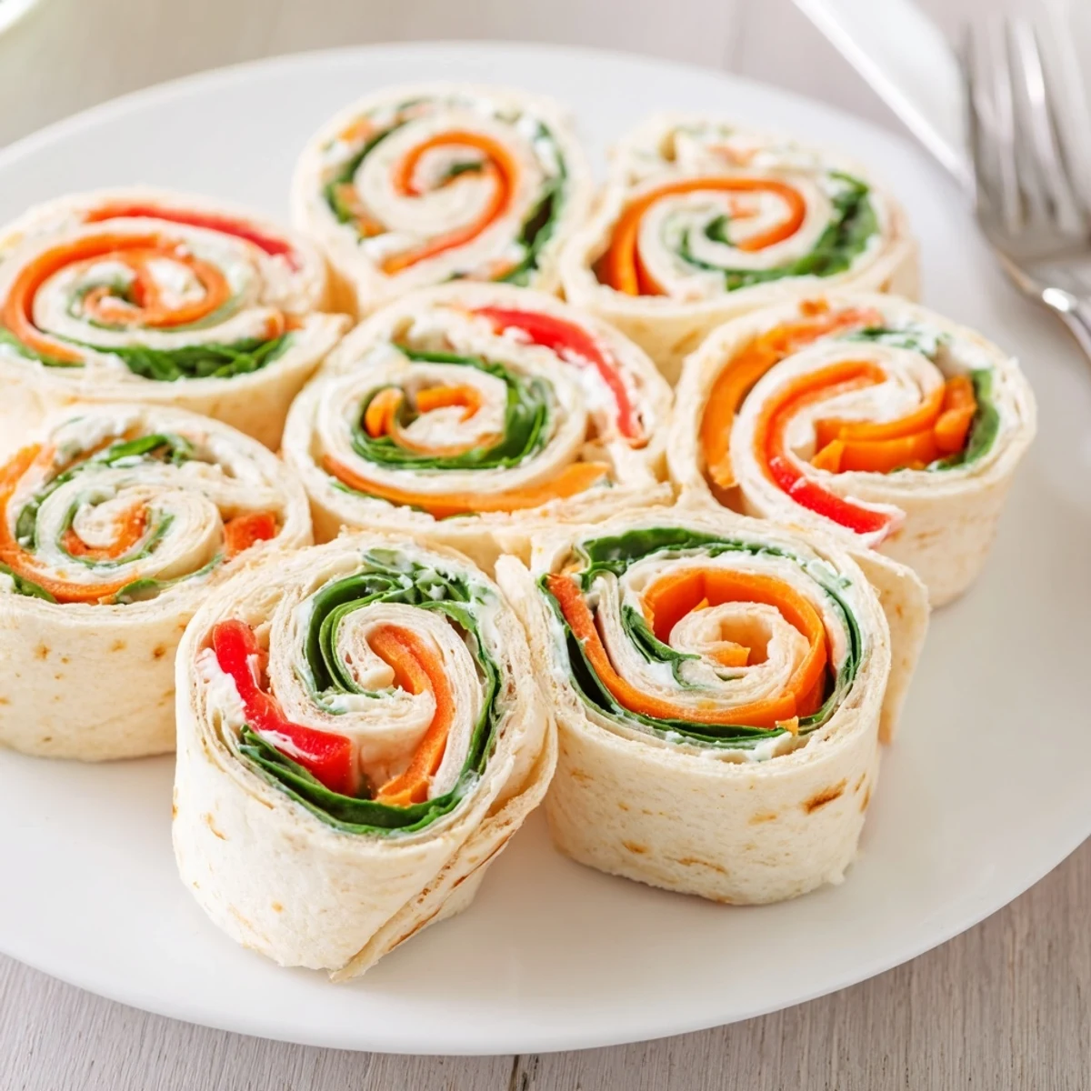 Pinwheel Sandwiches arranged on platter, colorful veggies and creamy cheese visible