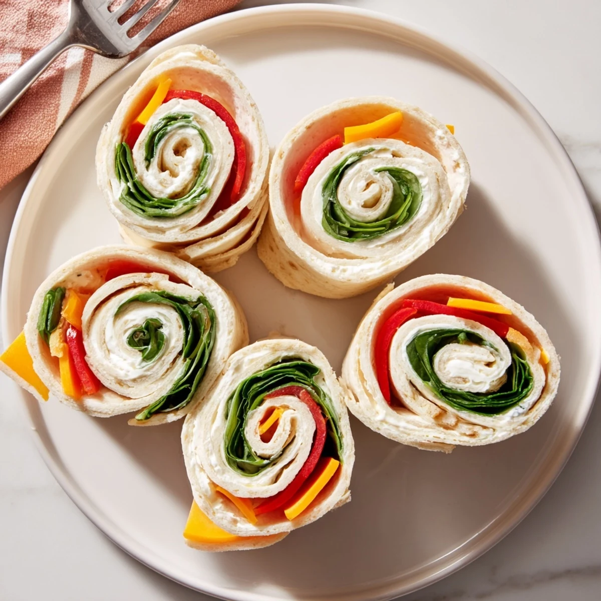 Party-ready Pinwheel Sandwiches with soft tortilla, tangy cream cheese, crunchy carrot