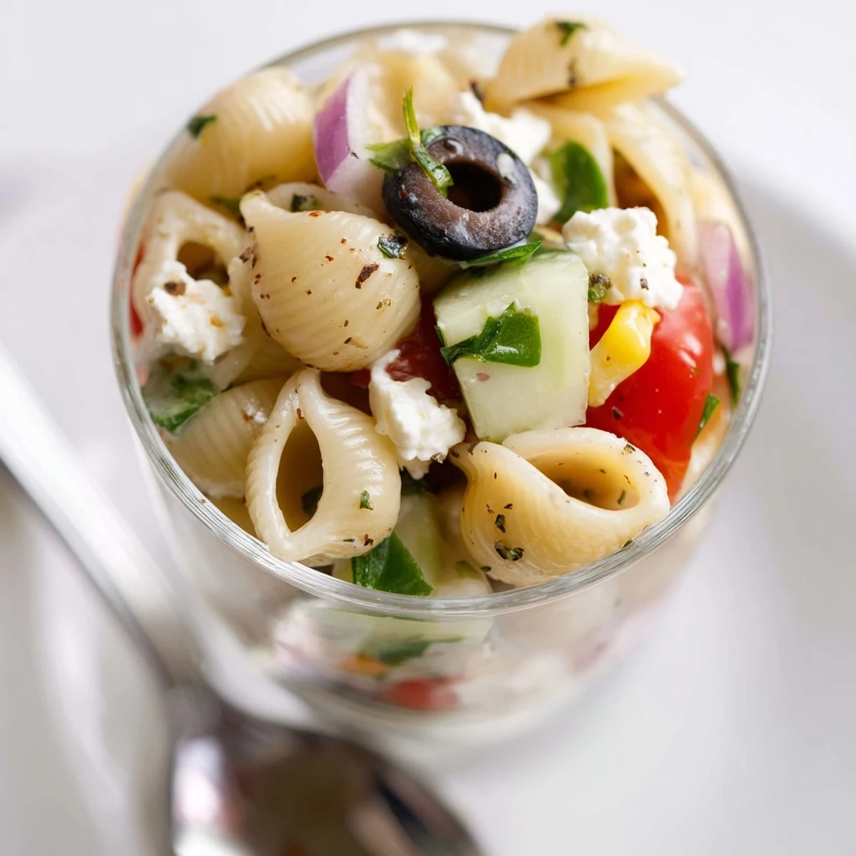 Pasta Salad Cups Recipe with colorful veggies, feta crumbles, chilled party-ready bites.