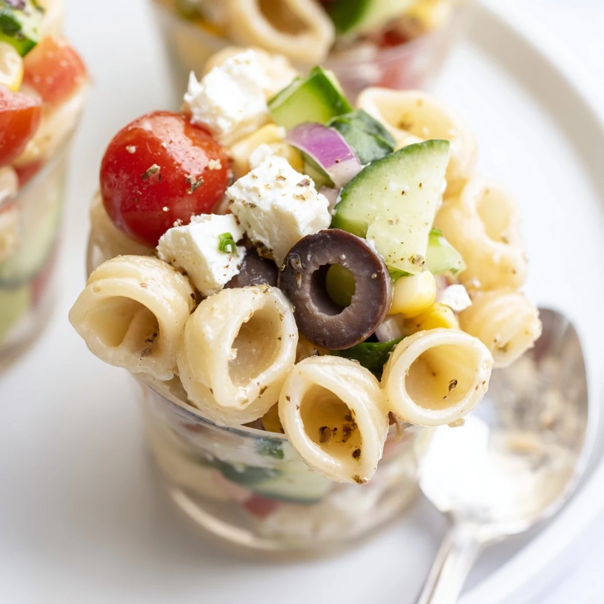 Pasta Salad Cups Recipe garnished with basil, crisp cucumber and bright tomatoes.