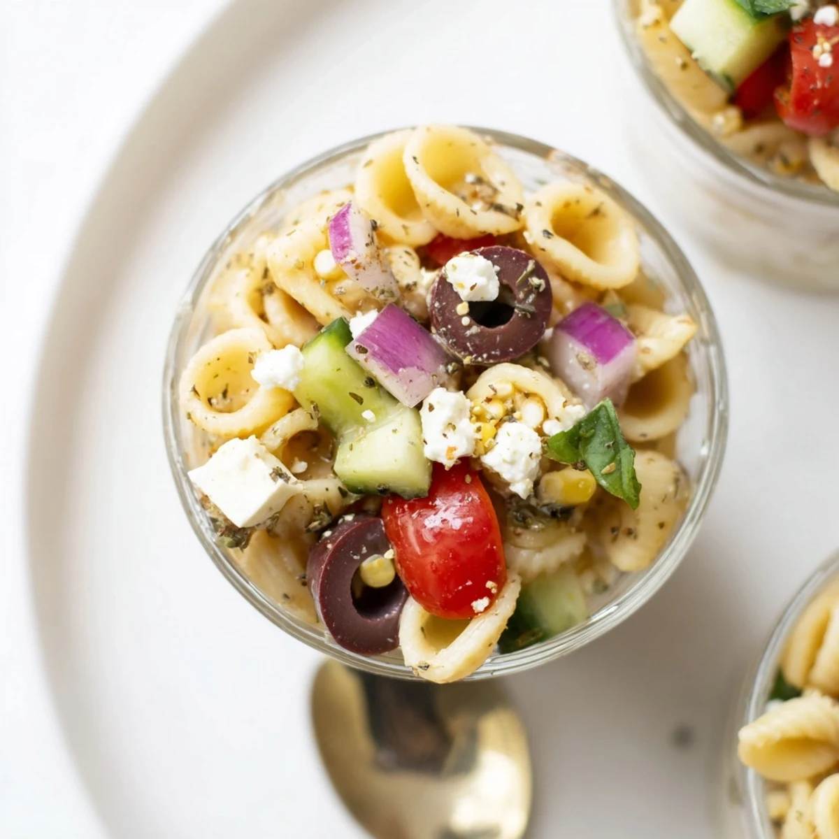 Pasta Salad Cups Recipe in clear cups, al dente pasta and tangy dressing.