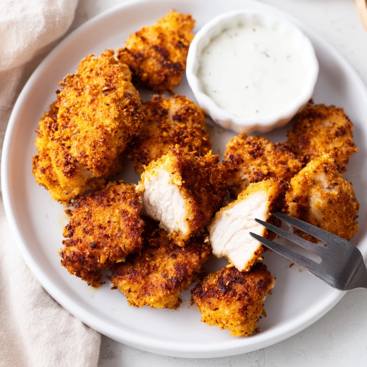 Crispy golden Chicken Bites piled on a plate, steaming, ready to dip