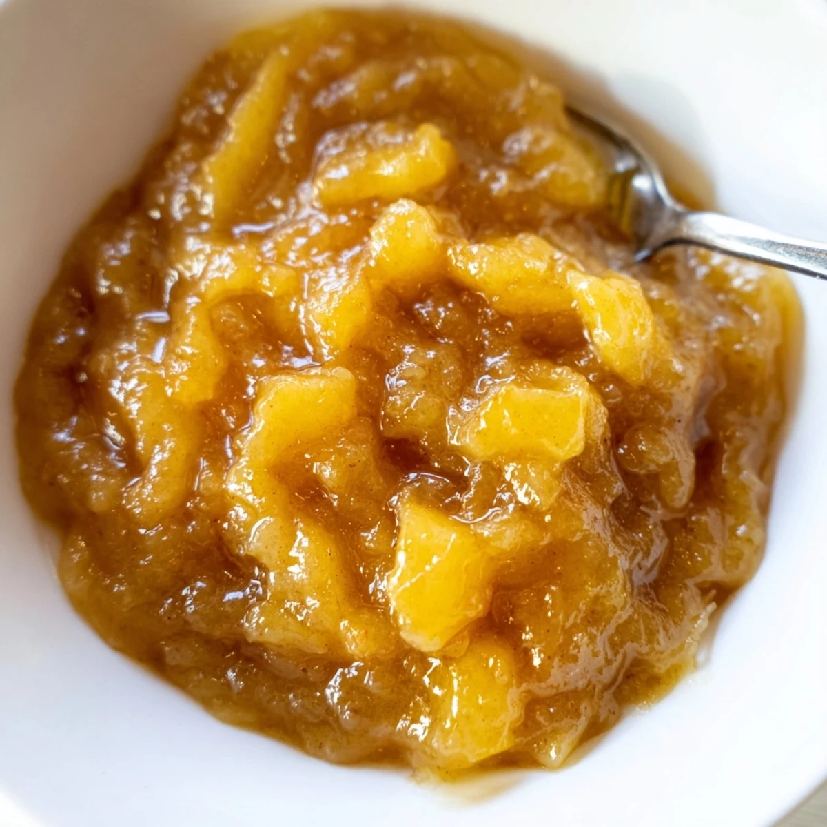 Jar of Fall Caramel Apple Jam glistening, chunky apples and warm cinnamon aroma