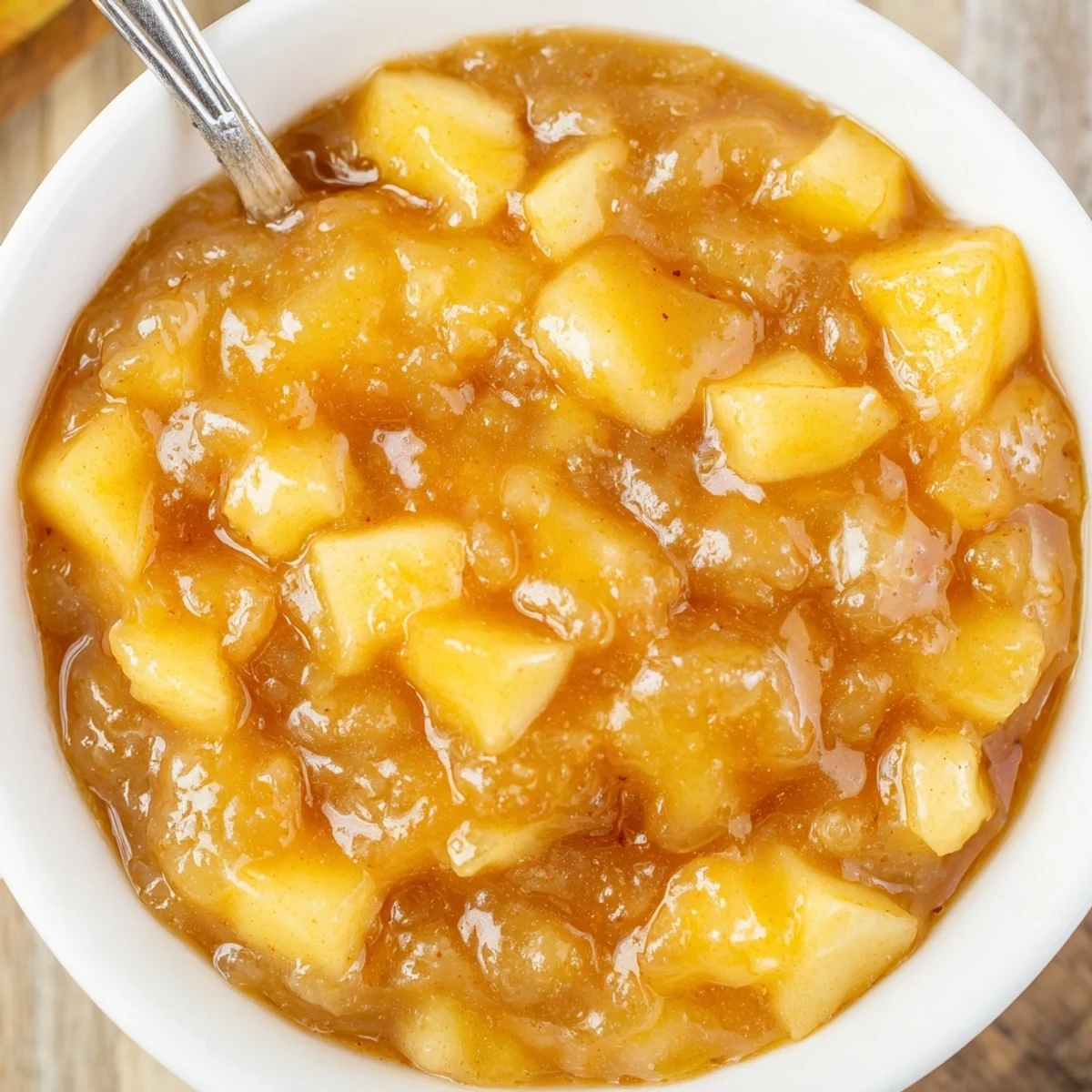 Hand held spoon scooping Fall Caramel Apple Jam, glossy amber spread with apple chunks