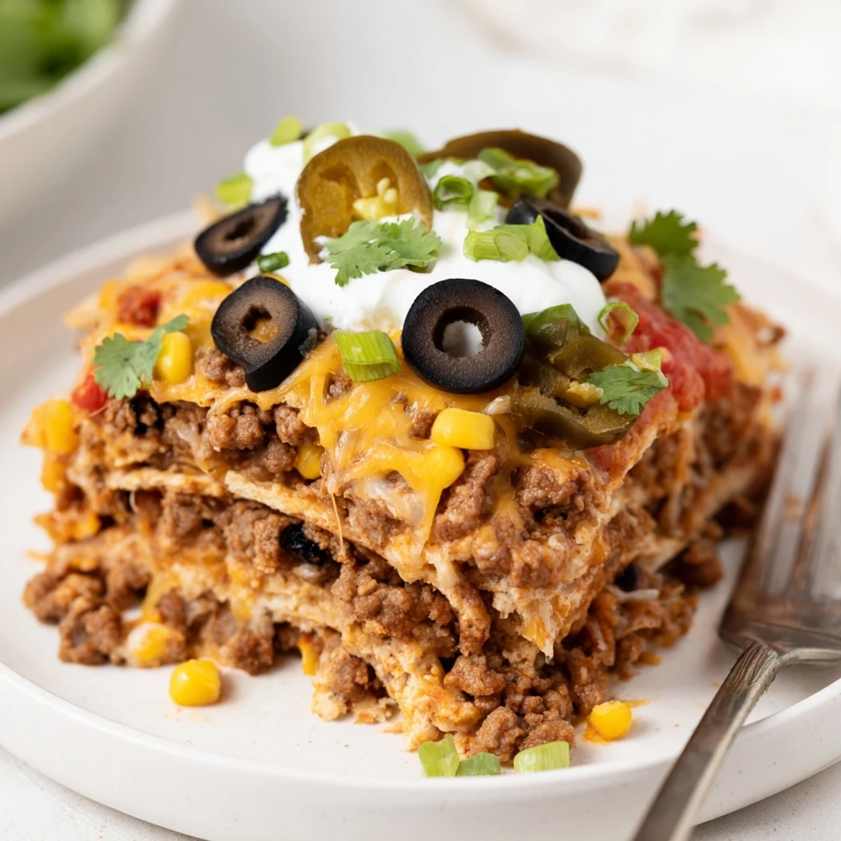 Bubbling casserole of melted cheddar and chips Cheesy Nacho Casserole