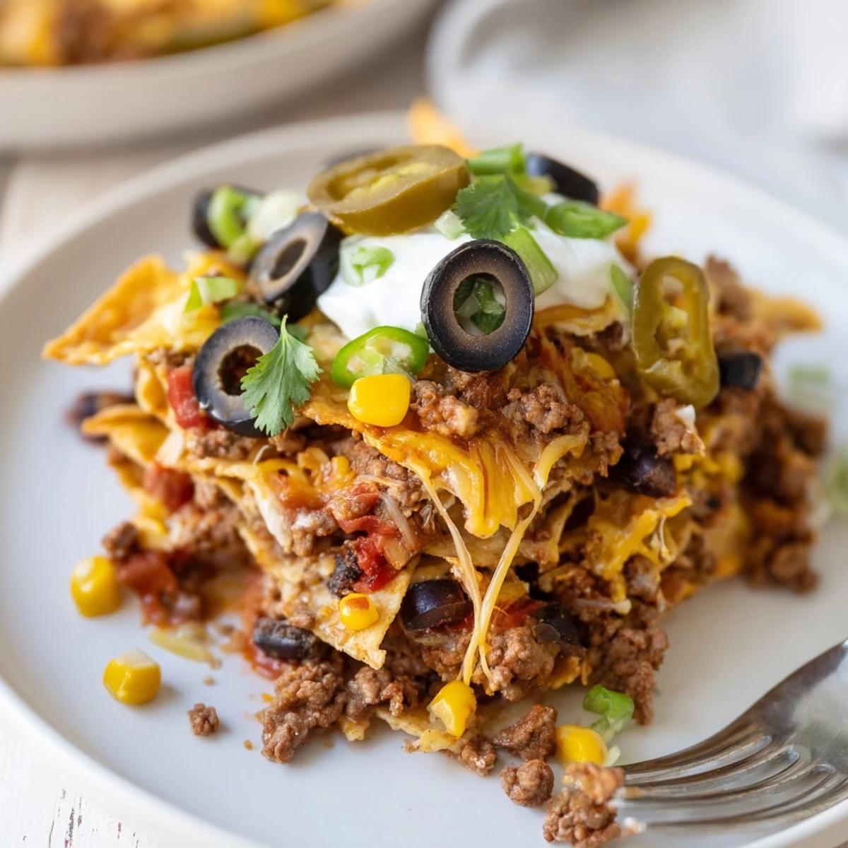 Warm, gooey casserole served with sour cream and salsa Cheesy Nacho Casserole