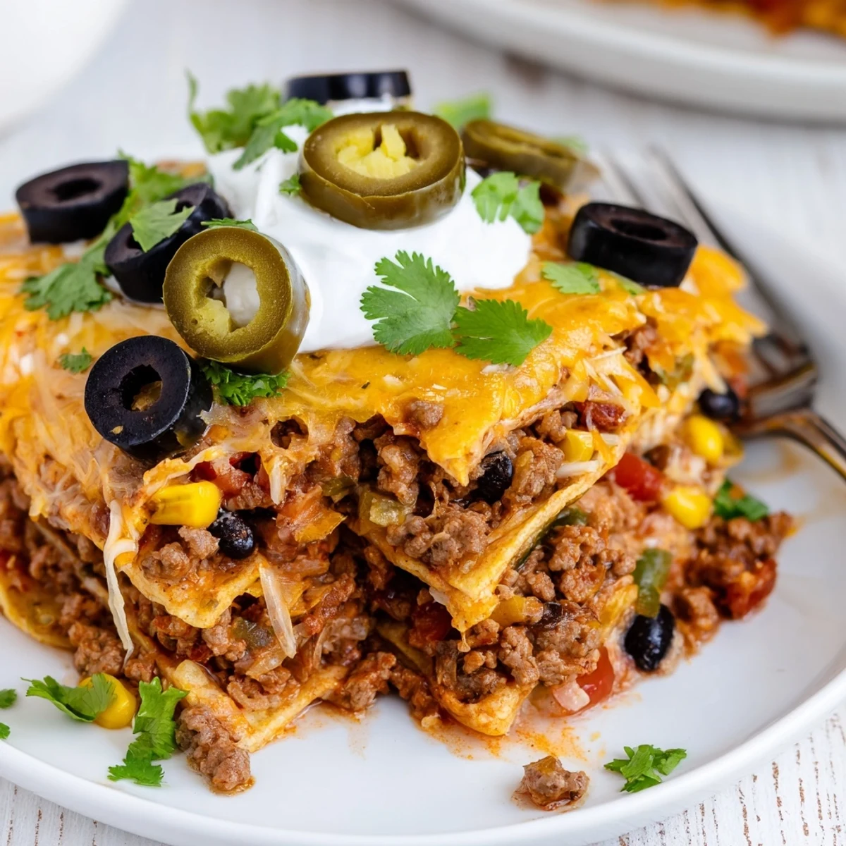 Cheesy Nacho Casserole layered with seasoned beef, black beans, zesty tomatoes