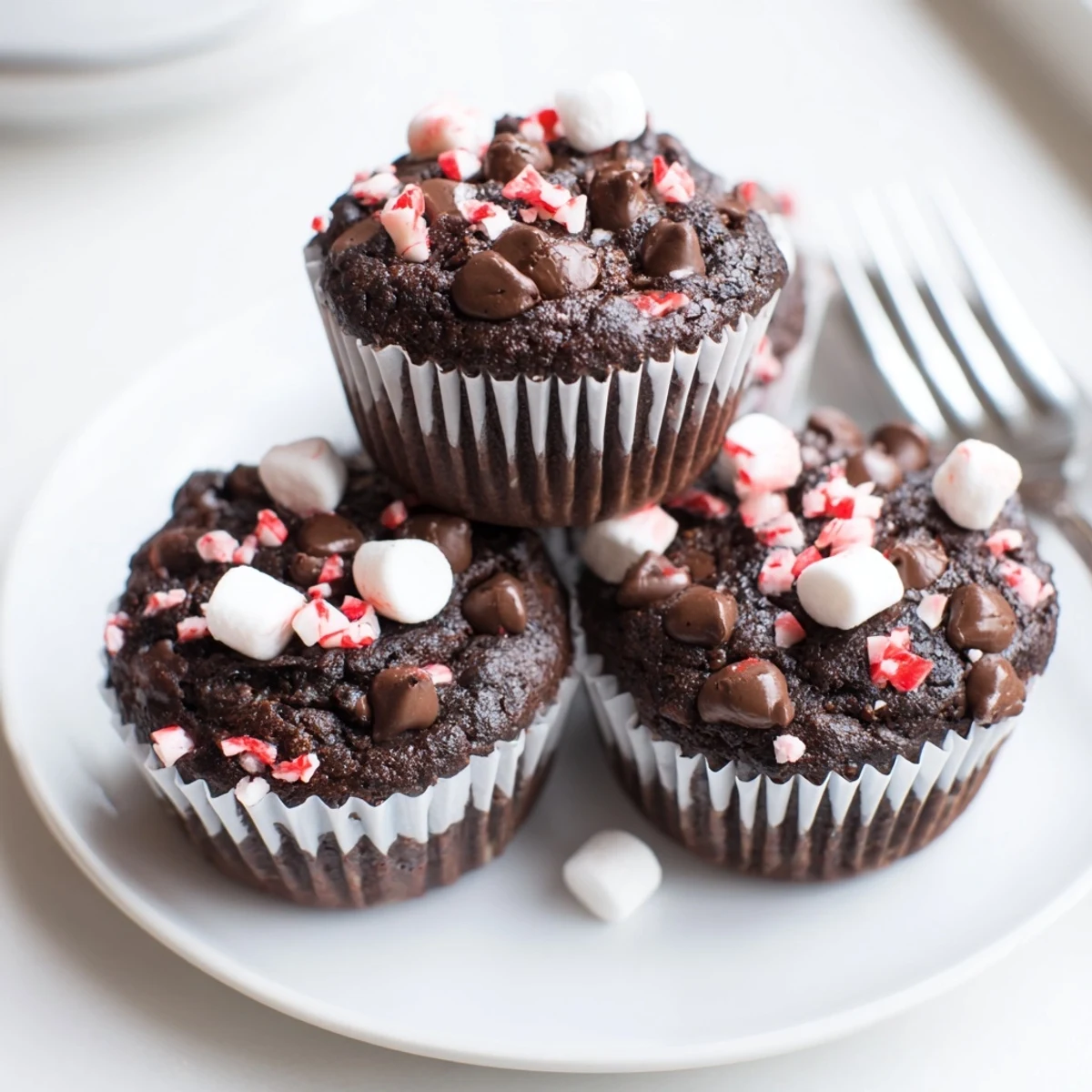 Peppermint Hot Chocolate Muffins studded with chocolate chips, perfect with whipped cream