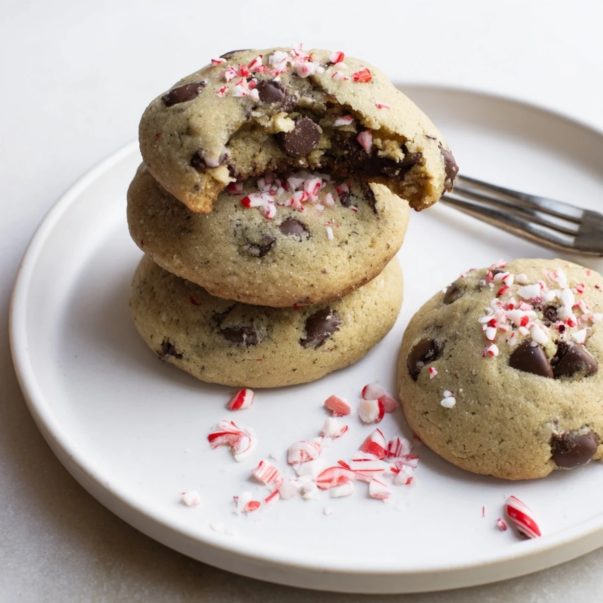 Peppermint Chocolate Chip Cookies cooling on a rack, glossy chips and crushed candy
