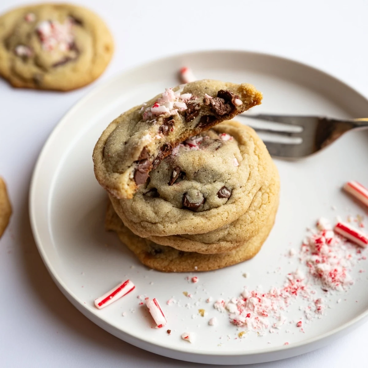 Warm Peppermint Chocolate Chip Cookies on a plate, speckled with peppermint bits
