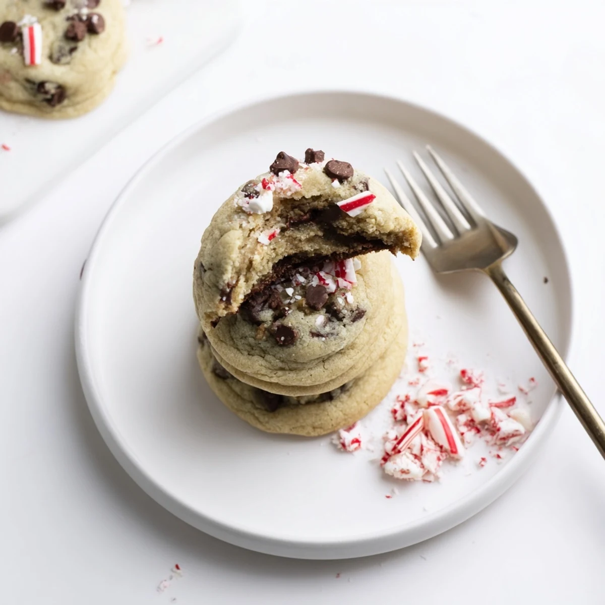 Stack of Peppermint Chocolate Chip Cookies beside milk glass, chewy centers visible