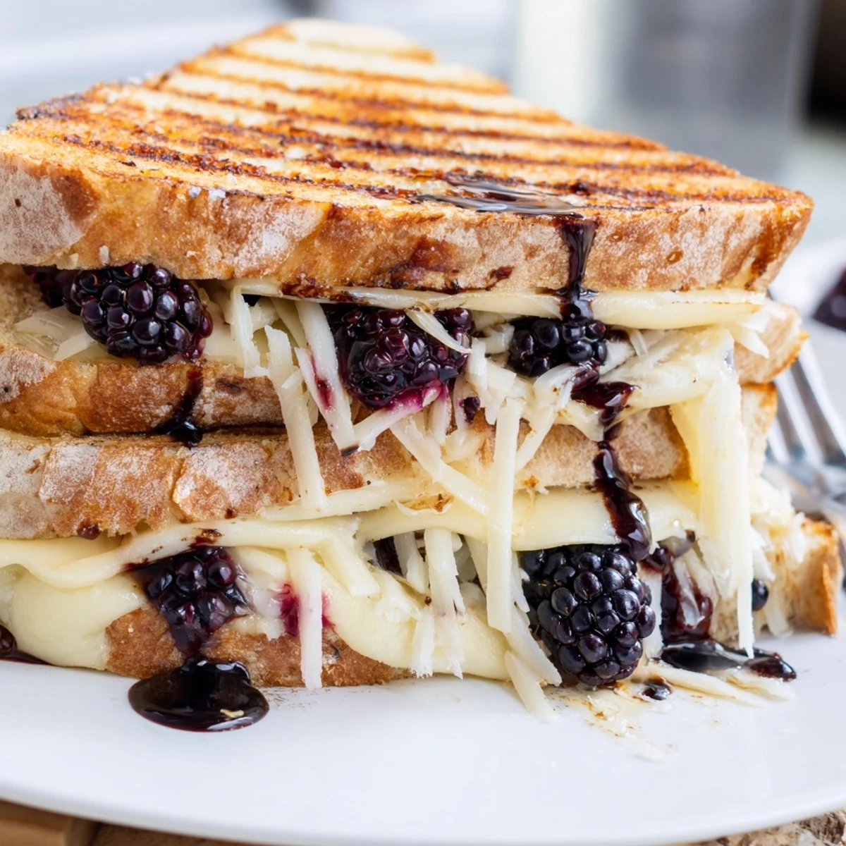 Balsamic Blackberry Bliss Grilled Cheese with melted brie, oozing, toasted golden