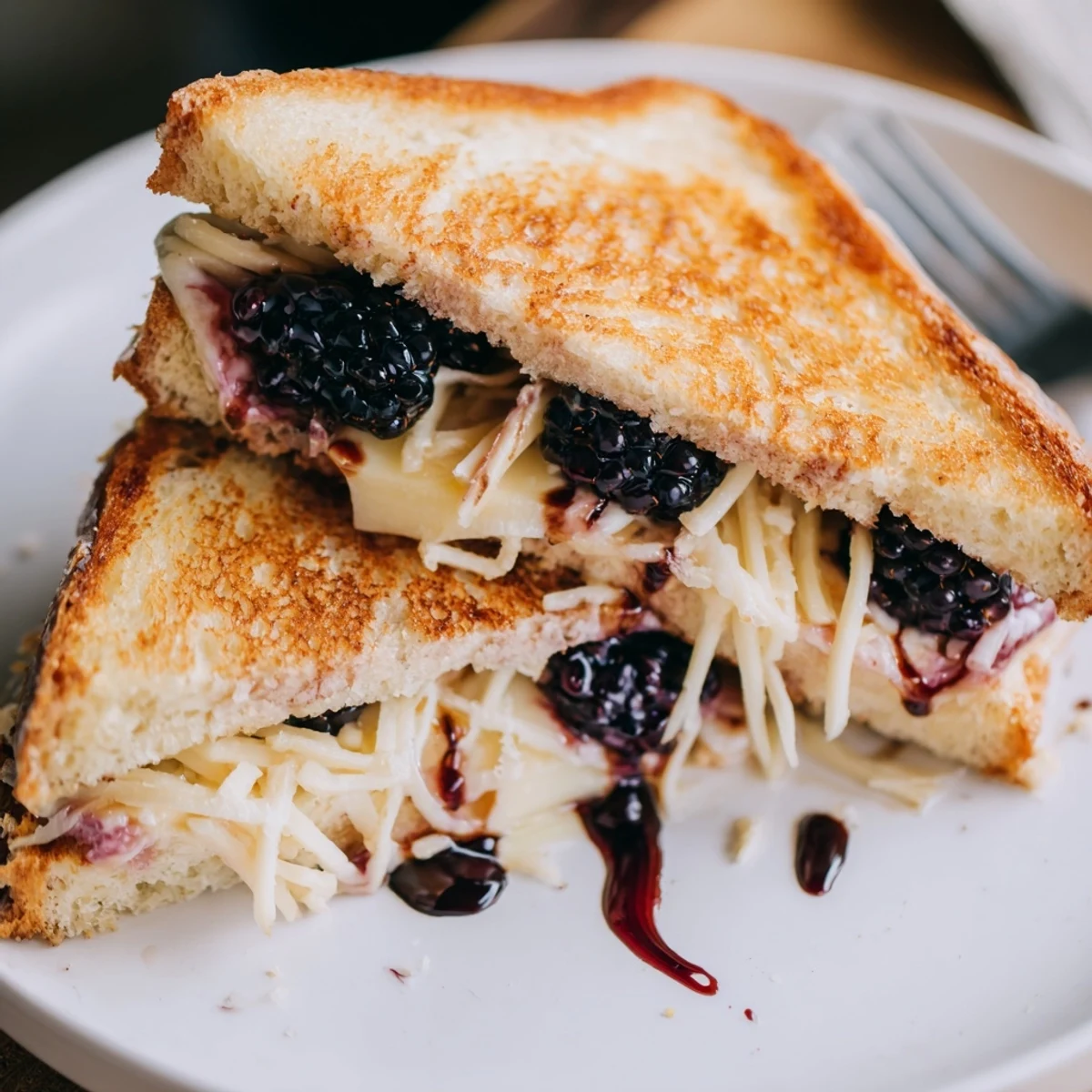 Melty Balsamic Blackberry Bliss Grilled Cheese showing gooey cheese pull, balsamic sheen