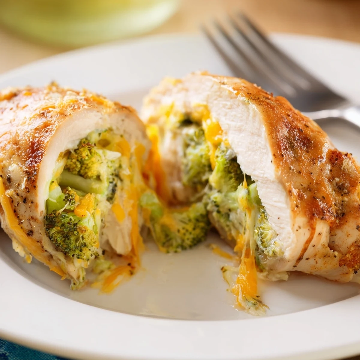 Broccoli Cheese Stuffed Chicken Breast bubbling with golden cheddar, sliced, ready to serve
