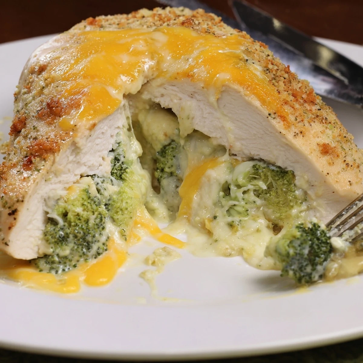Warm Broccoli Cheese Stuffed Chicken Breast revealing creamy broccoli and cheddar filling