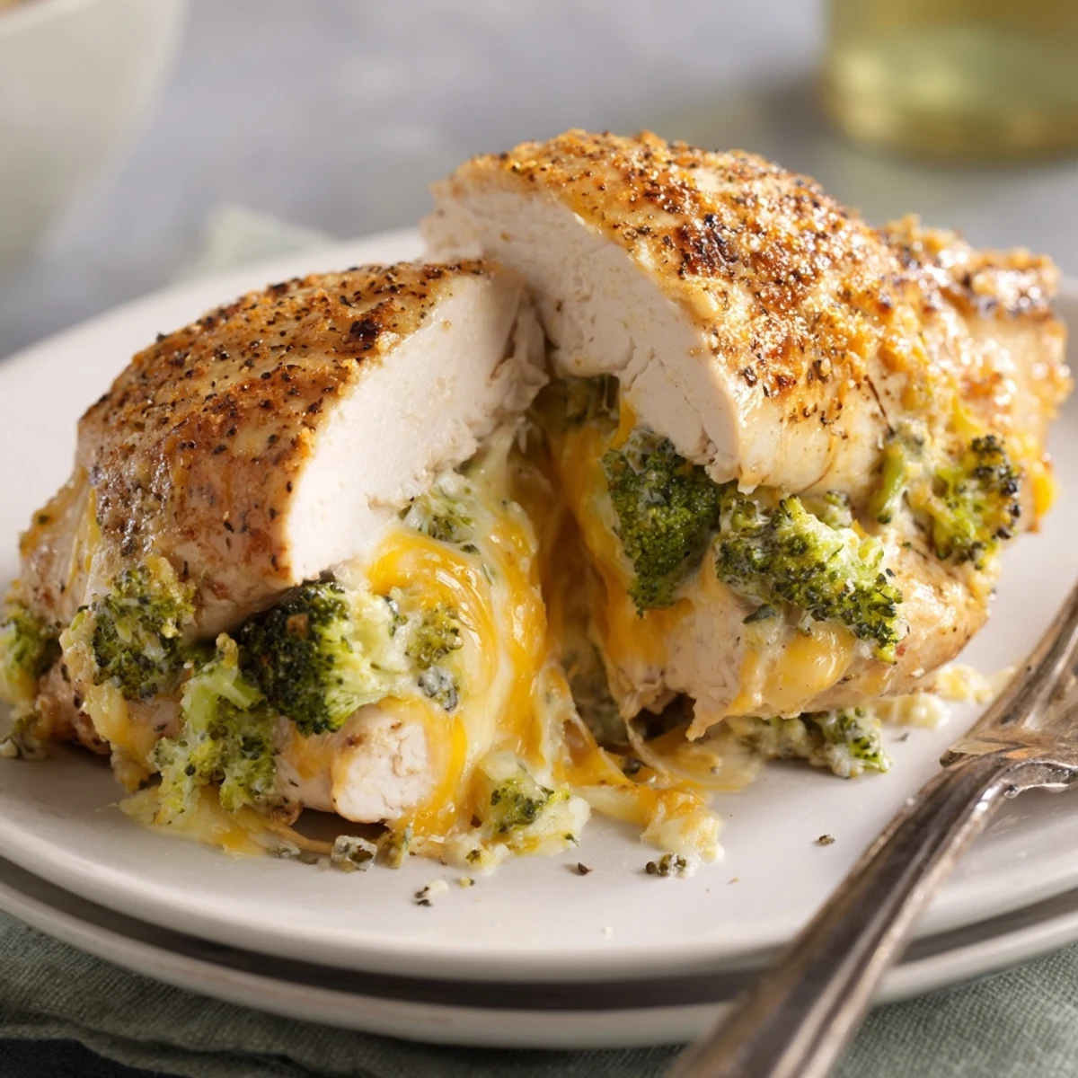 Juicy oven roasted Broccoli Cheese Stuffed Chicken Breast plated with crisp green salad
