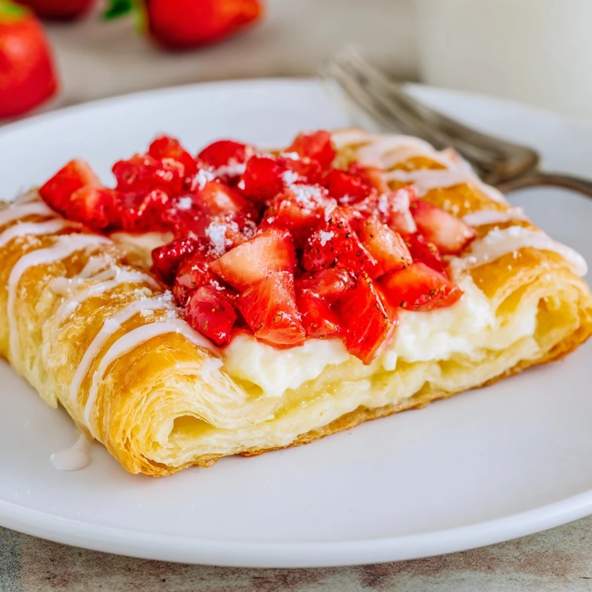 Strawberry Danish Recipe: flaky golden pastry filled with creamy cheese, strawberries  