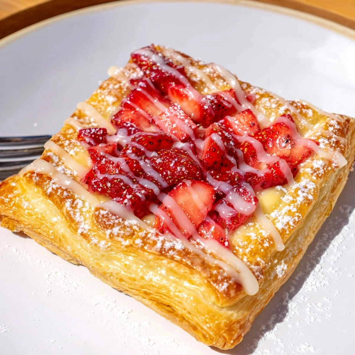 Warm Strawberry Danish Recipe served with steaming coffee, flaky edges and berry juices  