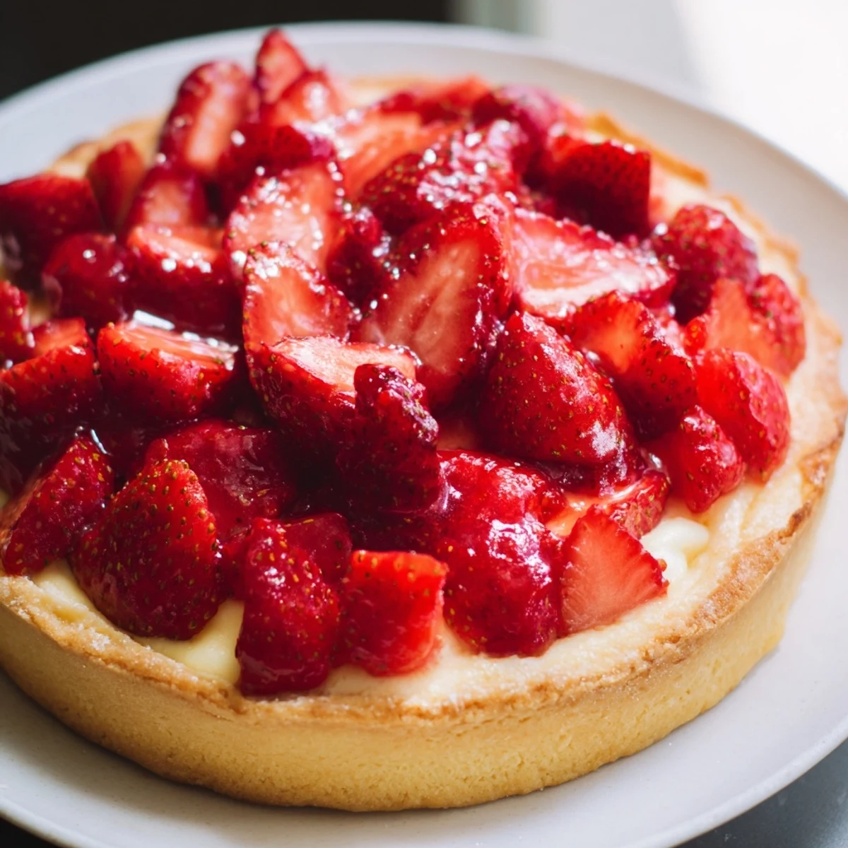 Sliced Tarte aux Fraises arranged in concentric rings, apricot glaze shining