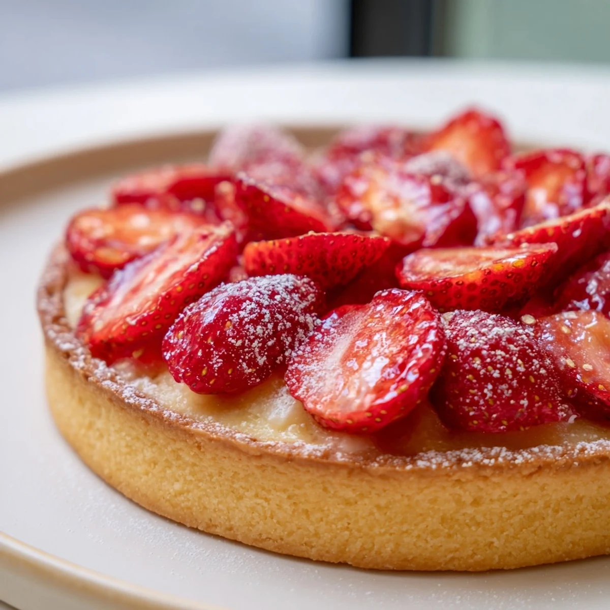 Tarte aux Fraises on golden shortcrust, glossy sliced berries and vanilla cream