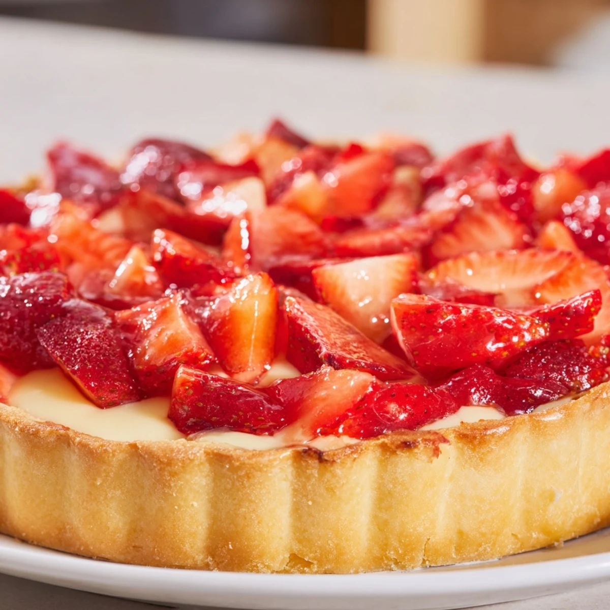 Cream-filled Tarte aux Fraises chilled on platter, fragrant strawberries and lemon zest