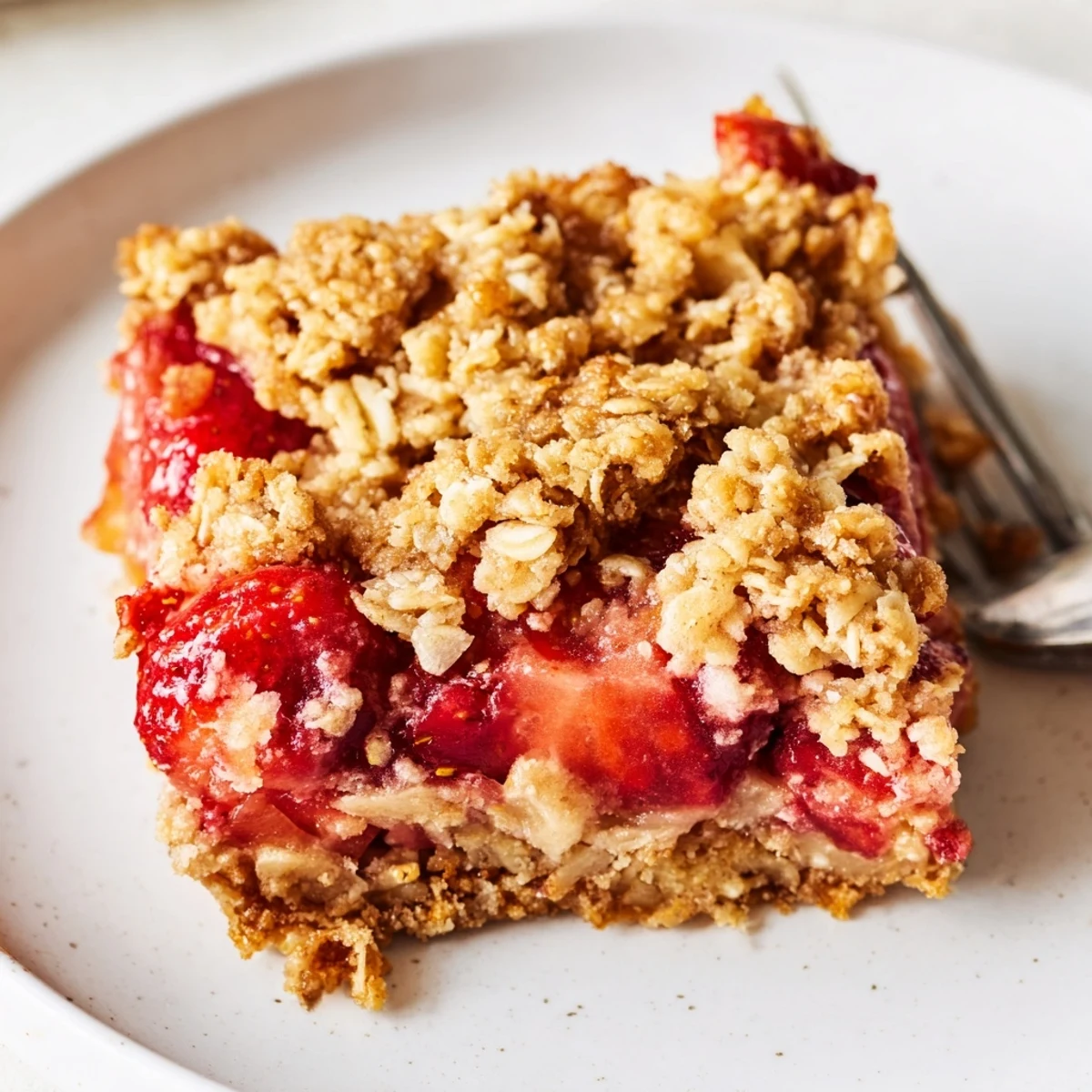 Warm Strawberry Oatmeal Crumble Bars with bubbling filling and golden oat topping